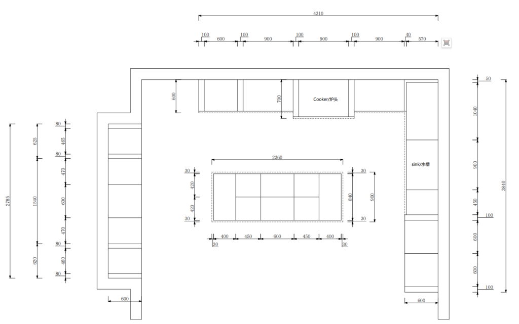 Open U-shaped cabinet design drawings