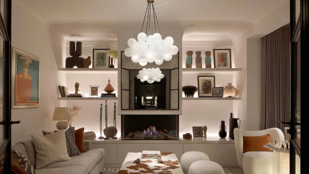 Elegant and Artistic Living Room with Statement Chandelier